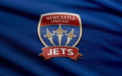 logo fabric di newcastle jets, 4k, sfondo in tessuto blu, a league, bokeh, calcio, logo di newcastle jets, emblema di newcastle jets, newcastle jets fc, club di calcio australiano, jets newcastle