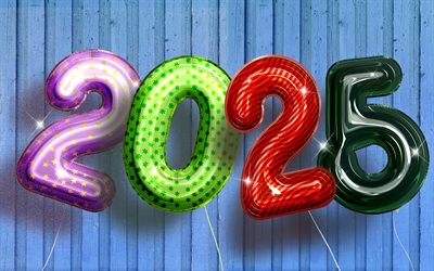 2025 Happy New Year, 4k, 2025 inscription, colorful realistic balloons, 2025 concepts, 2025 balloons digits, Happy New Year 2025, creative, 2025 wooden background, 2025 year, 2025 3D digits 2025 blue background