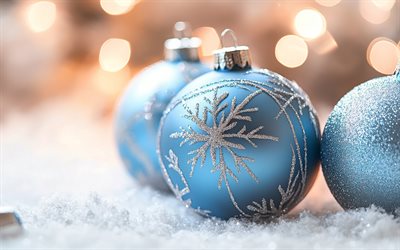 blå julbollar, gott nytt år, god jul, bakgrund med julbollar, snö, vinter