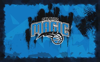 orlando magic grunge logosu, 4k, nba, mavi grunge arka plan, basketbol, orlando sihirli amblemi, orlando sihirli logosu, amerikan basketbol takımı, orlando magic