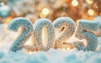 felice anno nuovo 2025, lettere di neve, 2025 sfondo di neve, 2025 3d art, 2025 concetti, 2025 felice anno nuovo