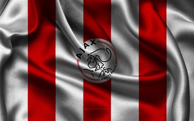 4k, afc ajax logosu, kırmızı beyaz ipek kumaş, hollandalı futbol takımı, afc ajax amblemi, eredivisie, afc ajax, hollanda, futbol, afc ajax bayrağı