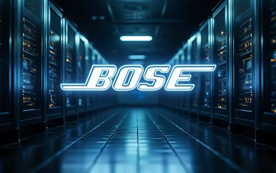 Bose blue neon logo, 4k, bokeh, electronics brands, datacenter racks, artwork, Bose logo, darkness, brands logo, Bose neon logo, Bose, brands, Bose blue logo