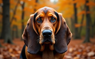 4k, perro de afloramiento, de cerca, otoño, bokeh, bosque, perros, bozal, animales lindos, mascotas, perro en el bosque, perro basset hound