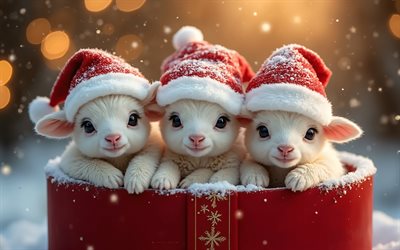 niedliche kleine schafe mit weihnachtsmützen, frohe weihnachten, frohes neues jahr, süße lämmer, drei kleine lämmer, süße tiere, weihnachtskonzepte