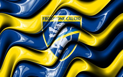 frosinone 3d logo, 4k, siniset keltaiset 3d aallot, serie b, jalkapallo, frosinonen lippu, luova, frosinone logo, italian jalkapalloseura, frosinone, frosinone fc