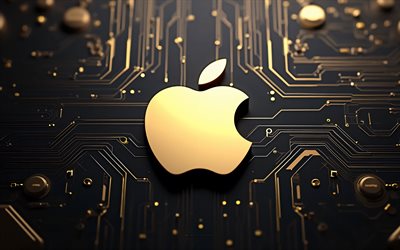 goldenes apple logo, goldener technologiehintergrund, 3d apple logo, apple zeichen, apple logo, apple emblem, apfel