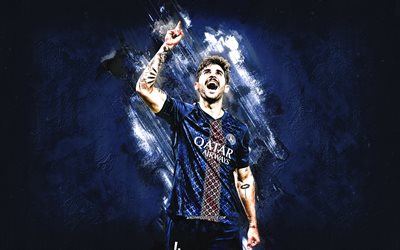 lucas beraldo, psg, futbolista brasileño, parís saint germain, fondo de piedra azul, arte grunge, liga 1, francia, fútbol americano, lucas beraldo paris saint germain
