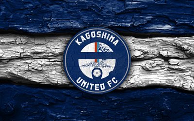 holzlogo von kagoshima united, 4k, blau weißer holzhintergrund, j3 liga, fußball, kagoshima united logo, emblem von kagoshima united, kagoshima united, japanischer fußballverein, kagoshima united fc