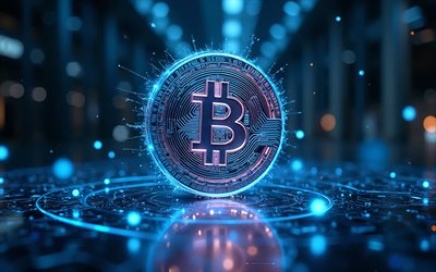 Bitcoin blue coin, blue neon light, cryptocurrency, Bitcoin sign, Bitcoin logo, Bitcoin emblem, Bitcoin background, cryptocurrency market, Bitcoin