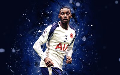 4k, kolo muani, fondo abstracto azul, tottenham hotspur, primera división, futbolistas franceses, kolo muani 4k, luces de neón azules, fútbol americano, fútbol, randal kolo muani, tottenham hotspur fc, kolo muani tottenham hotspur
