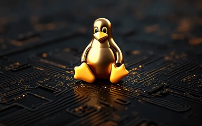 logotipo dorado de linux, 4k, fondo de tecnología negro, pingüino dorado de linux, emblema de linux, logotipo 3d de linux, signo de oro de linux, placa base negra, signo de linux, logotipo de linux, linux