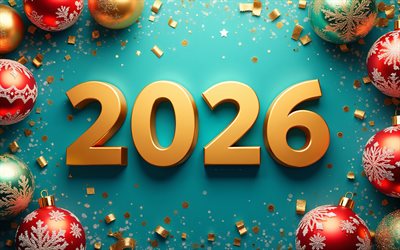 2026 gott nytt år, turkos bakgrund, 2026 guld 3d nummer, 2026 turkosa gratulationskort, gott nytt år 2026, konst, 2026 koncept, 2026 nyår