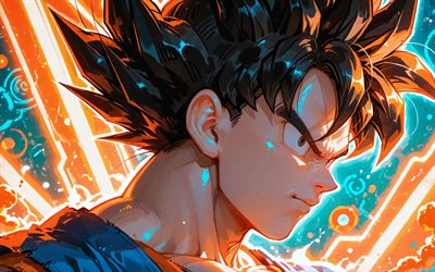 4k, ابن جوكو, أضواء النيون البرتقالية, دراغون بول, تنين, خلفية مجردة برتقالية, شخصيات سون جوكو دراغون بول, مانغا, فن ثلاثي الأبعاد, دراغون بول سوبر, مبدع, شخصيات دي بي اس, ابن جوكو دي بي اس
