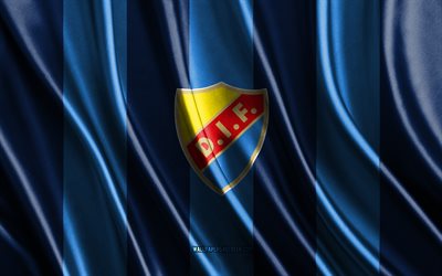 4k, djurgårdens if logotyp, allsvenskan, blå svart sidenstruktur, djurgårdens if flagga, svensk fotbollsklubb, fotboll, siden flagga, djurgårdens if emblem, sverige, djurgårdens if märke, djurgårdens if