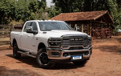 ram 2500 laramie, 4k, rancho, 2025 coches, fuera de la carretera, pastillas, dj, ram blanco 2500, 2025 ram 2500, autos americanos, ram
