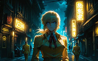 4k, victoria seras, calle, noche, infierno, ojos azules, manga, serasu vikutoria, manga hellsing, victoria seras arte, personajes de victoria seras, personaje de alucard, alucard hellsing