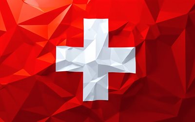 4k, bandera poligonal de suiza, arte abstracto, día de suiza, arte de baja poli, bandera de suiza, bandera suiza, bandera abstracta de suiza, símbolos nacionales suizos, arte creativo, suiza