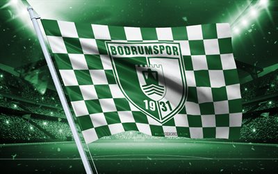 4k, logotipo do bodrum fk, clube de futebol turco, bandeira do estádio, bandeira dos fãs de bodrum fk, bandeira branca verde, emblema bodrum fk, tff 1 liga, peru, futebol, bodrum fk
