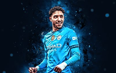 4k, omar marmoush, blauer abstrakter hintergrund, manchester city fc, premier league, ägyptische fußballer, omar marmoush 4k, fußball, blaue neonlichter, mannstadt, omar marmoush manchester city