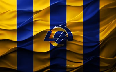 4k, Los Angeles Rams logo, blue yellow 3d background, Los Angeles Rams emblem, Los Angeles Rams flag, 3d texture, NFL, USA, Los Angeles Rams, American football