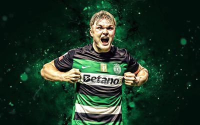 Conrad Harder, 4k, green neon lights, Sporting CP, Primeira Liga, Danish footballers, Conrad Harder 4K, football, soccer, Liga Portugal, Sporting FC, Sporting Lisbon, Conrad Harder Sporting