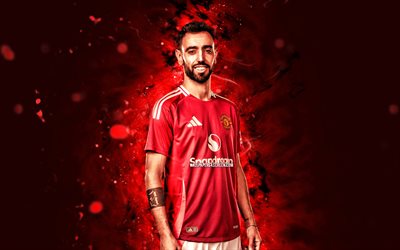 bruno fernandes, 4k, kırmızı neon işıklar, manchester united fc, premier lig, portekizli futbolcular, bruno fernandes 4k, futbol, adam birleşik, bruno fernandes manchester united