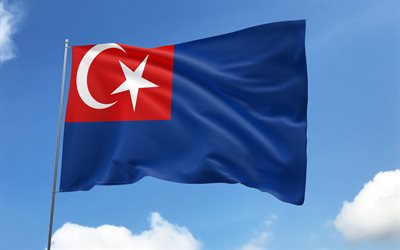 Johor flag on flagpole, 4K, Malaysian states, blue sky, flag of Johor, wavy satin flags, Johor flag, states of Malaysia, flagpole with flags, Day of Johor, Malaysia, Johor