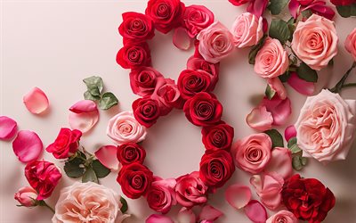 Happy Womens Day, March 8, 8 of Rosebuds, red roses, March 8 background, March 8 greeting card