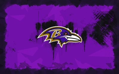 baltimore ravens grunge logosu, 4k, nfl, violet grunge arka plan, amerikan futbolu, baltimore ravens amblemi, baltimore ravens logosu, amerikan futbol takımı, baltimore ravens