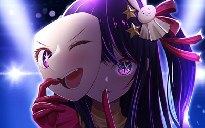 4k, Ai Hoshino, mask, Oshi no Ko, manga, purple eyes, Oshi no Ko manga series, artwork, Hoshino Ai, protagonist, microphone, Ai Hoshino Oshi no Ko