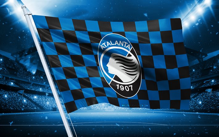 4k, logo atalanta bc, club de football italien, drapeau du stade, fachier de fans atalanta bc, drapeau noir, atalanta bc emble, serie a, atalanta, italie, football, atalanta fc