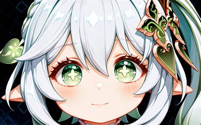 ناهدة, 4k, خلفية مجردة سوداء, لَوحَة, تأثير جينشين, عيون خضراء, عن قرب, بطل الرواية, مانغا, شخصيات جينشين إمباكت, عمل فني, ناهدة جينشين إمباكت