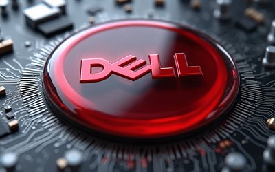 rotes 3d logo von dell, 4k, blaues dell schild, graues motherboard, rotes dell schild, grauer technologiehintergrund, dell emblem, dell 3d logo, dell logo, dell