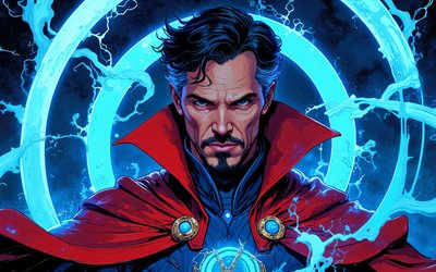 4k, doctor extraño, obra de arte, superhéroes, cómics marvel, fondo abstracto azul, anillos de neón azules, doctor extraño arte, fan art, doctor extraño 4k
