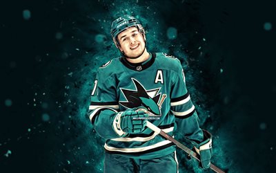 4k, Macklin Celebrini, turquoise neon lights, San Jose Sharks, NHL, Canadian hockey players, Macklin Celebrini 4K, hockey, National Hockey League, Macklin Celebrini San Jose Sharks
