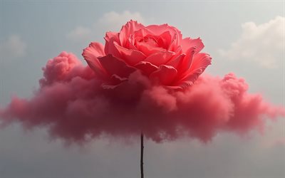 rosa roja en una nube, 4k, cielo azul, nube roja, rosa roja, hermosa flor roja, se levantó en humo, rosas