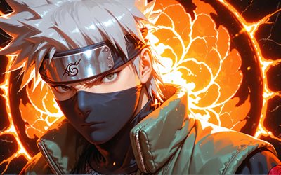 Kakashi Hatake, 4k, fire flames, darkness, Naruto, orange abstract background, Sharingan, artwork, Hatake Kakashi, manga, Naruto characters, Kakashi Hatake Naruto