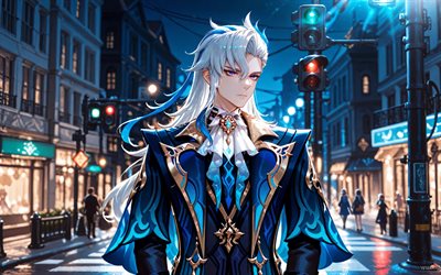 4k, neuvillette, calle, violinista, impacto de genshin, noche, semáforo, personajes de anime, obra de arte, personajes de impacto de genshin, impacto de neuvillette genshin
