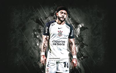 Memphis Depay, Corinthians, Dutch footballer, grunge art, SC Corinthians Paulista, soccer, white stone background, SC Corinthians, Brazilian Serie A, Brazil, Memphis Depay Corinthians