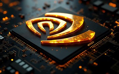 logo nvidia in vetro dorato, 4k, il logo nvidia, segno 3d di nvidia, sfondo nero, emblema dorato di nvidia, logo nvidia 3d, nvidia, sfondo nero di tecnologia, segno nvidia