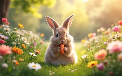 Fluffy rabbit with a carrot, spring, cute bunnies, green grass, Fluffy rabbit, cute animals, rabbits, rabbit with carrot, bunny with carrot