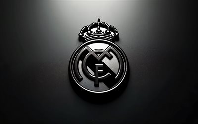 real madrid logotyp i metall, 4k, svart metall bakgrund, real madrids emblem, real madrid signerar, real madrids logotyp, la liga, katalonien, real madrid cf, real madrid