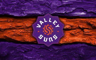 logo en bois des valley suns, 4k, fond en bois orange violet, ligue nba g, basket ball, logo des suns de la vallée, emblème des valley suns, équipe américaine de basket ball, soleils de la vallée