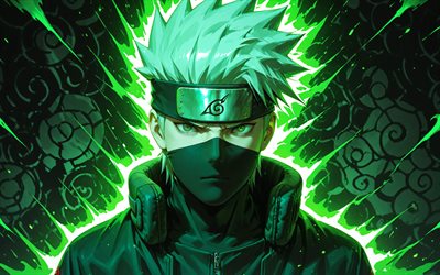 4k, kakashi hatake, fundo abstrato verde, escuridão, naruto, linhas de néon verdes, sharingan, obra de arte, hatake kakashi, mangá, personagens de naruto, kakashi hatakenaruto