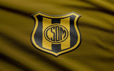 데포르티보 마드린 패브릭 로고, 4k, 노란색 패브릭 배경, 프리메라 나시오날, 보케, 축구, 데포르티보 마드린 로고, 데포르티보 마드린 엠블럼, 데포르티보 마드린, 아르헨티나 축구 클럽, 데포르티보 마드린 fc