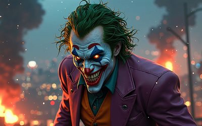joker, 4k, yeux de feu, nuit, super vilain, feu flammes, art 3d, joker 4k, oeuvre d'art, art du joker