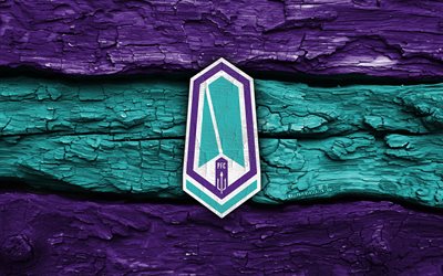 pacific fc puinen logo, 4k, violetti turkoosi puinen tausta, kanadan valioliiga, jalkapallo, pacific fc  logo, pacific fc  tunnus, pacific fc, kanadan jalkapalloseura, fc pacific