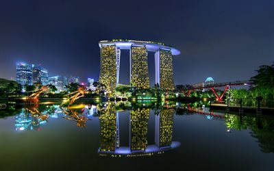 sables de marina bay, singapour, lac aux libellules, paysage de nuit, horizon de singapour, paysage urbain de singapour, nuit, asie