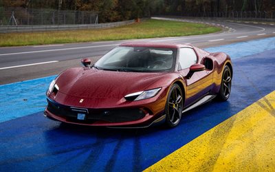 Ferrari 296 GTB, 4k, rain, 2024 cars, supercars, raceway, Maroon Ferrari 296 GTB, 2024 Ferrari 296 GTB, italian cars, Ferrari